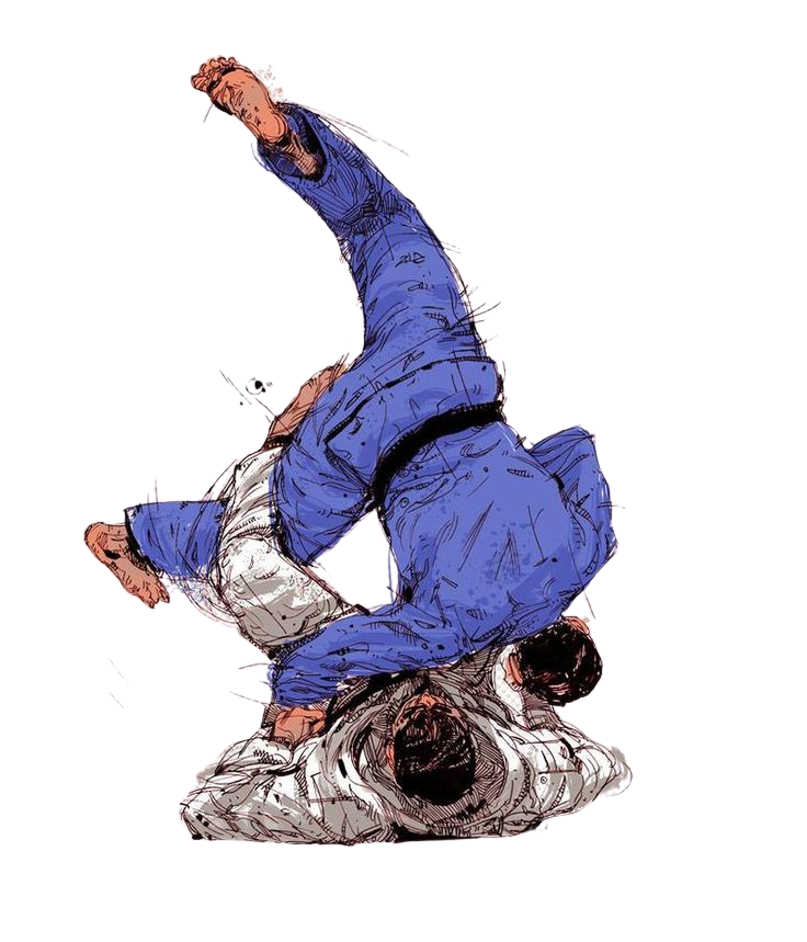 Ink and watercolour sketch of a jiu-jitsu throw — one practitioner in a blue gi flipping over another in white